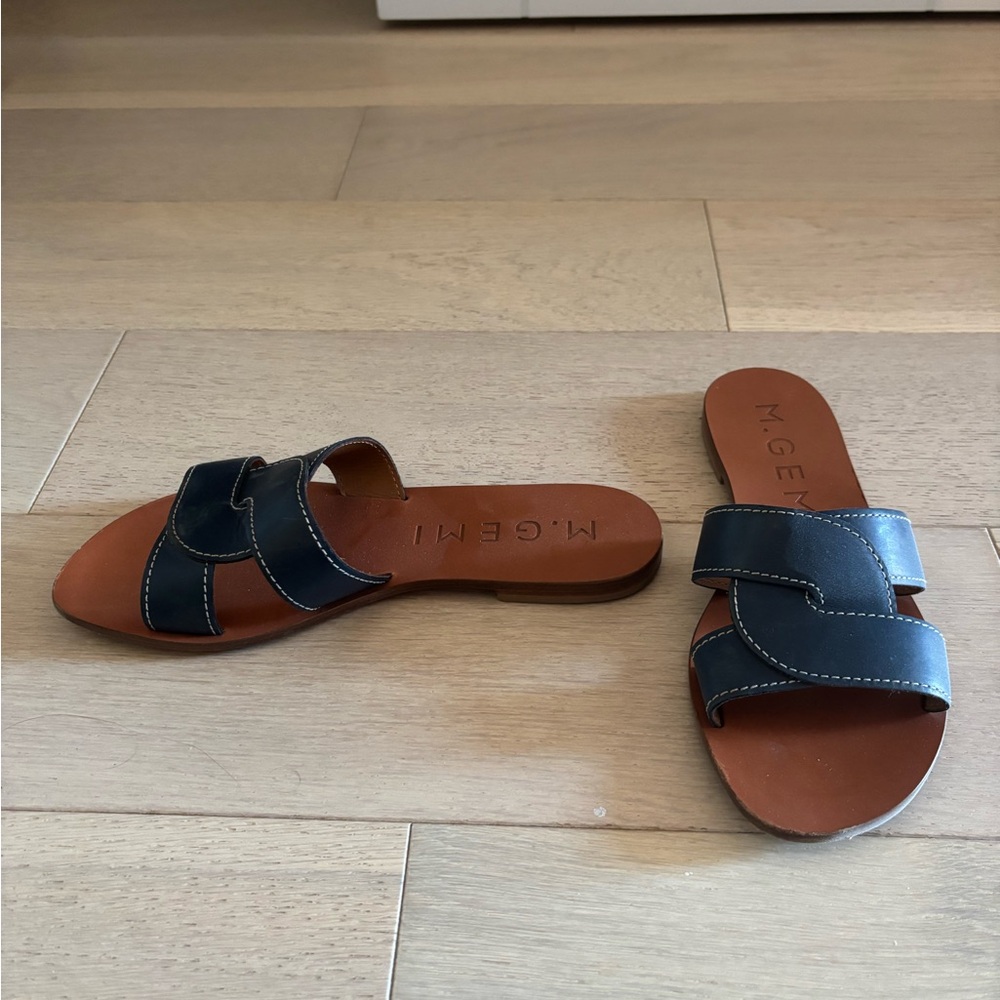 M. Gemi Dark Blue Leather Slide Sandals - Picture 2 of 3